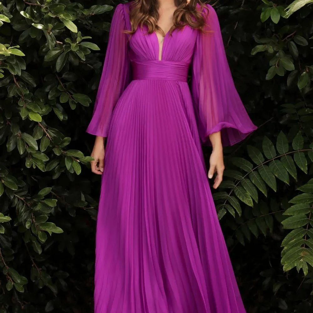 ORCHID COLOR PARTY EVENING FORMAL PROM PLEATED CHIFFON LONG SLEEVE GOWN CD242 - Picture 7 of 7